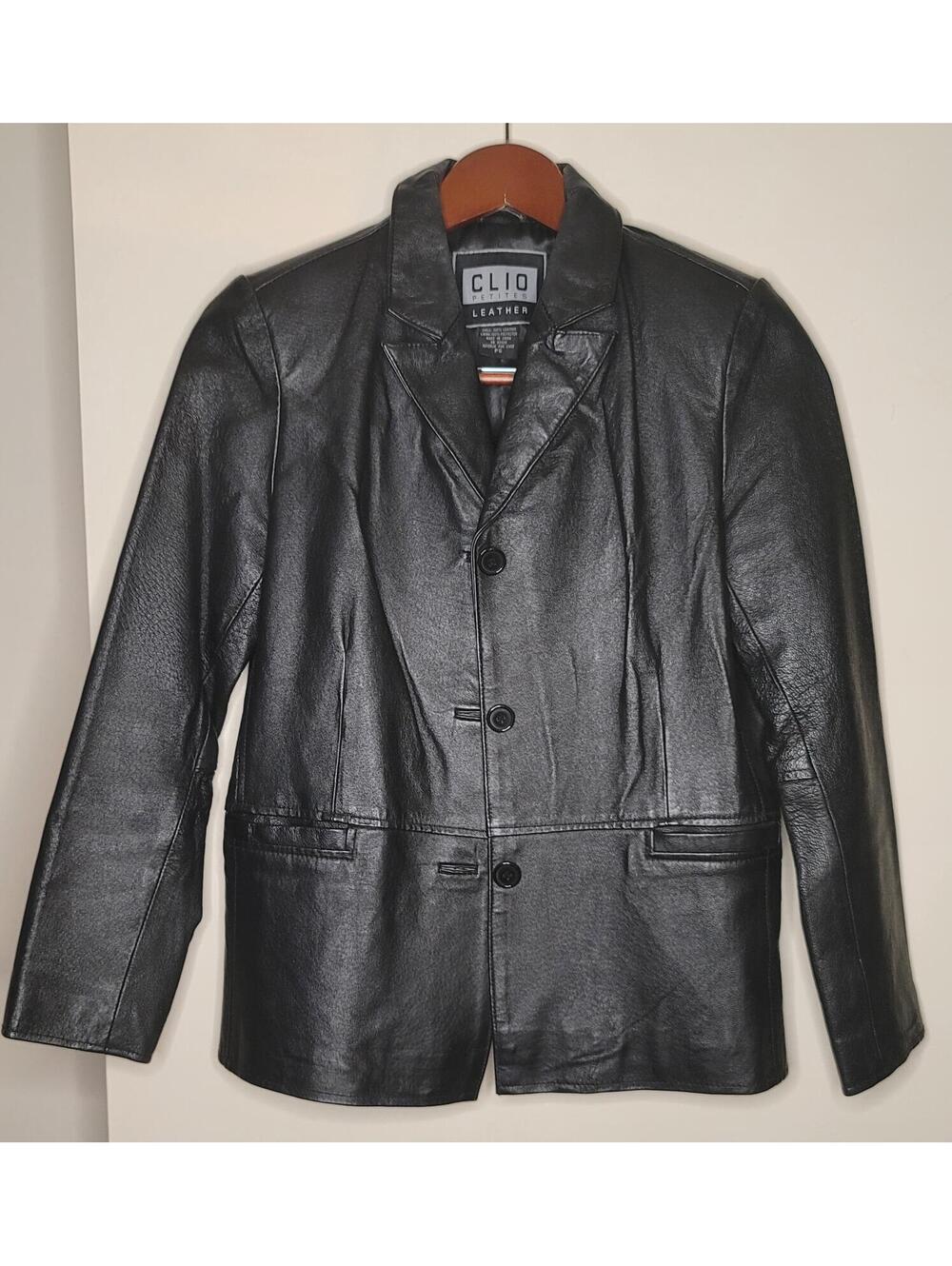 Clio Petites Black Leather Blazer Jacket Size PS